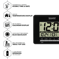 SHARP Digital Atomic Clock, Atomic Accuracy, Date, Temperature, Black Case, LCD Display EasyOptionXY LLC