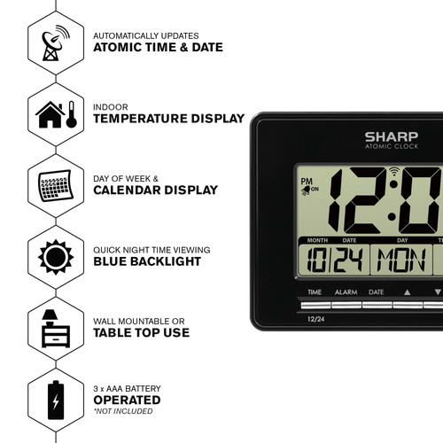 SHARP Digital Atomic Clock, Atomic Accuracy, Date, Temperature, Black Case, LCD Display EasyOptionXY LLC