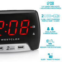 Westclox Large 1.4' Red LED Digital FM Clock Radio 2 USB Charging Port with Fast Charge EasyOptionXY LLC