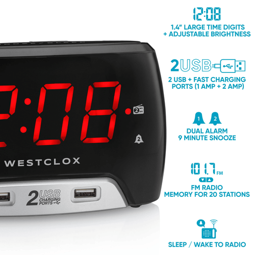 Westclox Large 1.4' Red LED Digital FM Clock Radio 2 USB Charging Port with Fast Charge EasyOptionXY LLC