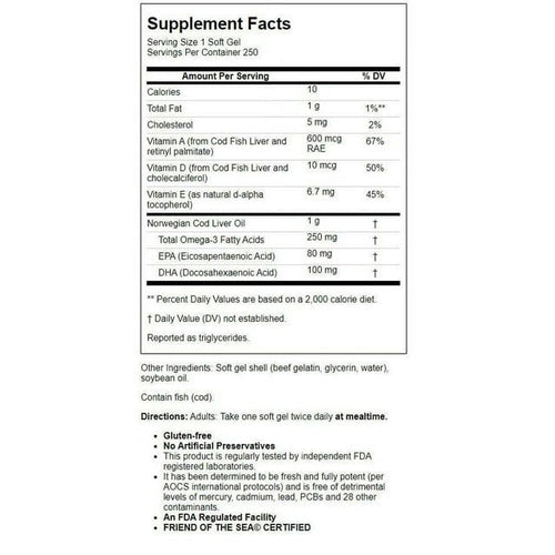 Carlson Super Wild Norwegian Cod Liver Oil Gems 1,000 mg 250 Sgels EasyOptionXY LLC
