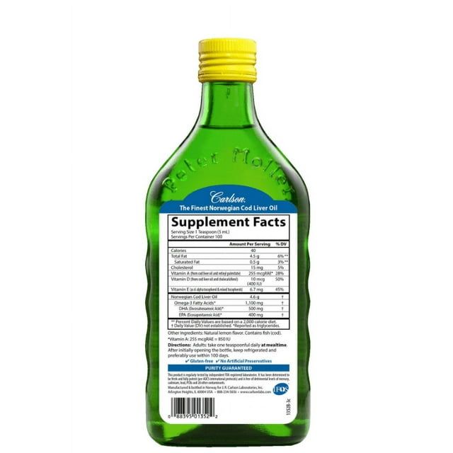 Carlson Wild Norwegian Liquid Cod Liver Oil, 1100 mg Omega-3s, 16.9 fl oz, Lemon EasyOptionXY LLC