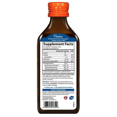 The Very Finest Fish Oil, Orange, 1600 mg Omega-3s, 6.7 fl oz (200 mL), by Carlson EasyOptionXY LLC