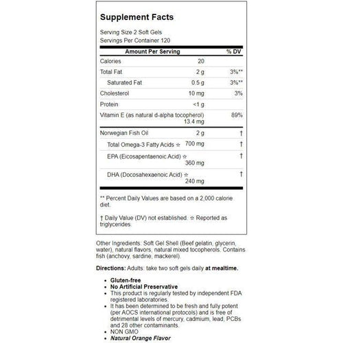 Carlson Very Finest Fish Oil Omega-3 Orange Flavor - 1000mg 240 Softgles EasyOptionXY LLC