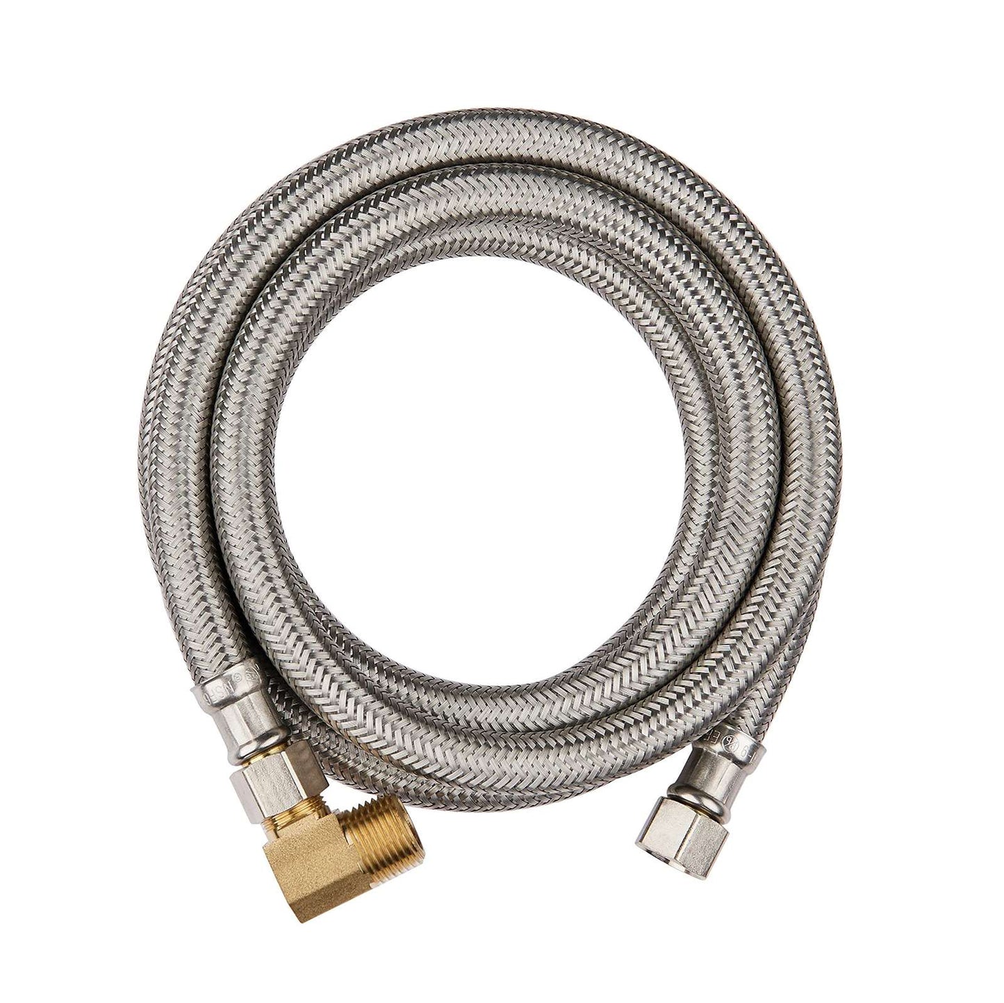 4ft Dishwasher Hose, with attached 90 degree 3/8" comp x 3/8" MIP elbow, Premium Stainless Steel, Lead Free