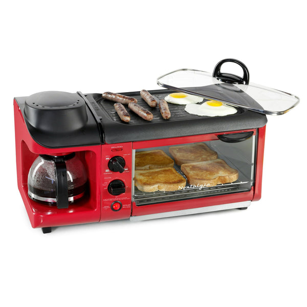 Nostalgia BST3RR Retro 3-in-1 Family Size Electric Breakfast Station, Coffeemaker, Griddle, Toaster Oven - Retro Red EasyOptionXY LLC