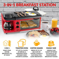 Nostalgia BST3RR Retro 3-in-1 Family Size Electric Breakfast Station, Coffeemaker, Griddle, Toaster Oven - Retro Red EasyOptionXY LLC