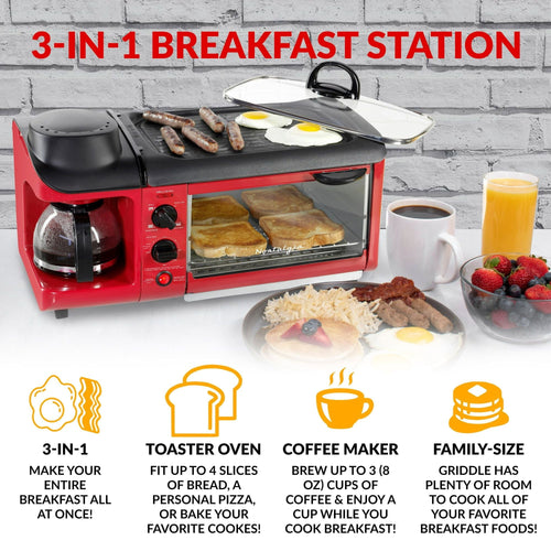 Nostalgia BST3RR Retro 3-in-1 Family Size Electric Breakfast Station, Coffeemaker, Griddle, Toaster Oven - Retro Red EasyOptionXY LLC
