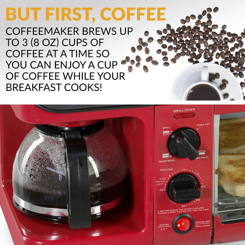 Nostalgia BST3RR Retro 3-in-1 Family Size Electric Breakfast Station, Coffeemaker, Griddle, Toaster Oven - Retro Red EasyOptionXY LLC
