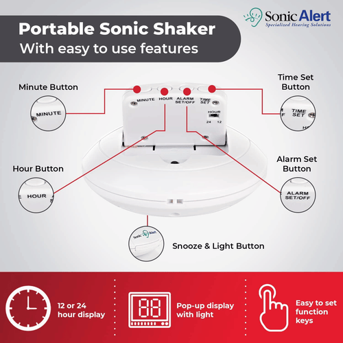 Sonic Alert - Sonic Shaker Portable Alarm Clock, Compact Design with Digital Display - White EasyOptionXY LLC