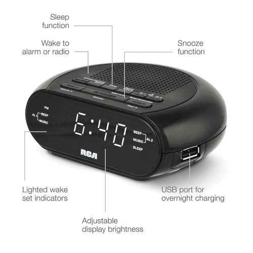 RCA Digital Radio Alarm Clock with USB Charging Cord EasyOptionXY LLC
