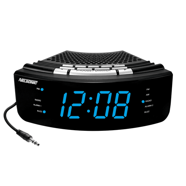 NELSONIC Digital AM/FM Clock Radio with Built in Aux Cord, Black with Blue LED Display EasyOptionXY LLC