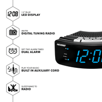 NELSONIC Digital AM/FM Clock Radio with Built in Aux Cord, Black with Blue LED Display EasyOptionXY LLC