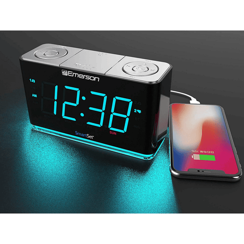 Emerson SmartSet Alarm Clock Radio with Bluetooth Speaker, USB Charger for iPhone and Android, Night Light, and Cyan LED Display EasyOptionXY LLC