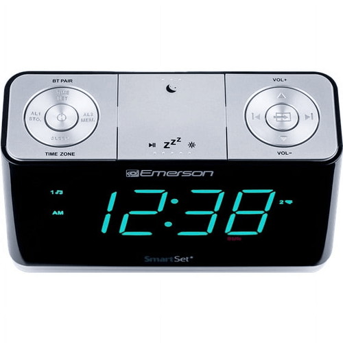 Emerson SmartSet Alarm Clock Radio with Bluetooth Speaker, USB Charger for iPhone and Android, Night Light, and Cyan LED Display EasyOptionXY LLC
