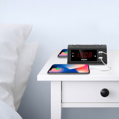 SHARP Dual Alarm Clock with 2 x USB Charge Ports, Black with Red LED Display EasyOptionXY LLC