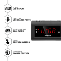 SHARP Dual Alarm Clock with 2 x USB Charge Ports, Black with Red LED Display EasyOptionXY LLC