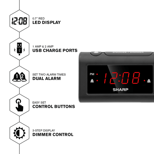 SHARP Dual Alarm Clock with 2 x USB Charge Ports, Black with Red LED Display EasyOptionXY LLC