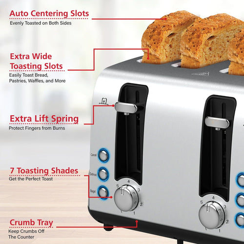 Brentwood Select TS-447S 1,500-Watt Extra-Wide Stainless Steel 4-Slice Toaster EasyOptionXY LLC