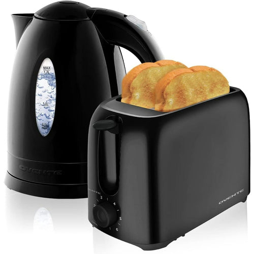 OVENTE 1.7L Electric Kettle + 2-Slice Toaster Combo with 6-Shade Settings, New- Black KP72B + TP2210B EasyOptionXY LLC