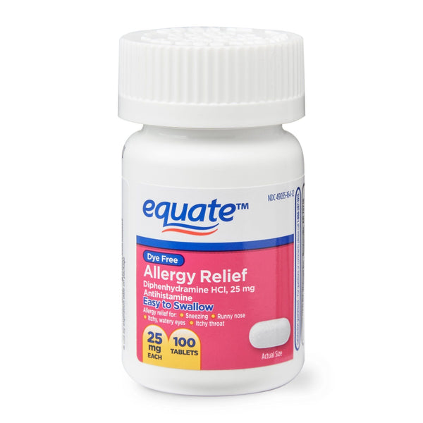 Equate Dye-Free Allergy Relief Medicine Tablets; 25 mg; 100 Count EasyOptionXY LLC