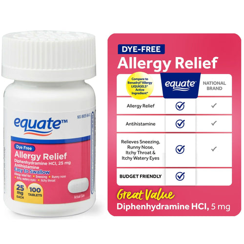 Equate Dye-Free Allergy Relief Medicine Tablets; 25 mg; 100 Count EasyOptionXY LLC