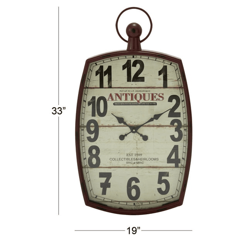 DecMode 19" x 33" Red Metal Pocket Watch Style Wall Clock EasyOptionXY LLC