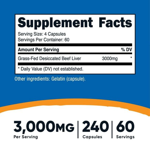 Nutricost Grass Fed Desiccated Beef Liver Supplement 240 Capsules, 3000mg (750mg Per Cap) EasyOptionXY LLC