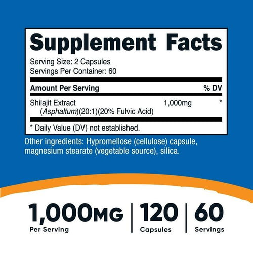 Nutricost Shilajit Capsules (120 Capsules, 60 Servings / 1,000 mg Shilajit Per Serving) | Shilajit Extract with Naturally Occuring Fulvic Acid - Gluten Free, Non-GMO, Vegan Friendly Dietary Supplement EasyOptionXY LLC