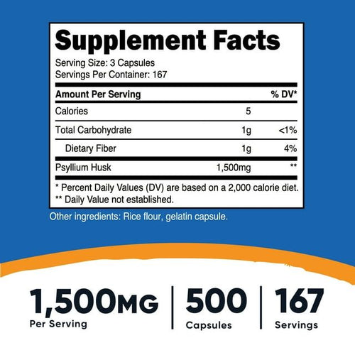 Nutricost Psyllium Husk 1500mg Per Serving, 500 Capsules - Non-GMO & Gluten Free Supplement EasyOptionXY LLC