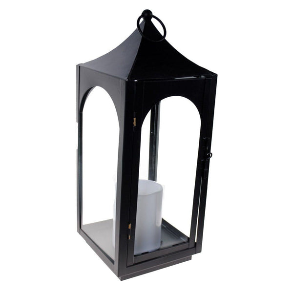 S4O 12" Metal Hanging Lantern with Glass + LED Candle Table Home Festival Decor / Black EasyOptionXY LLC