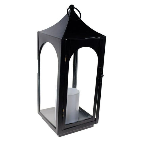 S4O 12" Metal Hanging Lantern with Glass + LED Candle Table Home Festival Decor / Black EasyOptionXY LLC