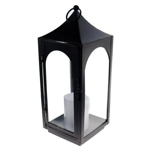 S4O 12" Metal Hanging Lantern with Glass + LED Candle Table Home Festival Decor / Black EasyOptionXY LLC