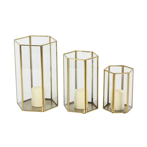 Cosmoliving by Cosmopolitan Set of 3, 6", 8", 10"H Modern Glass Candle Holder/Lantern with Hexagon Silhouette, Metallic Gold Rims and Transparent Glass Panels EasyOptionXY LLC