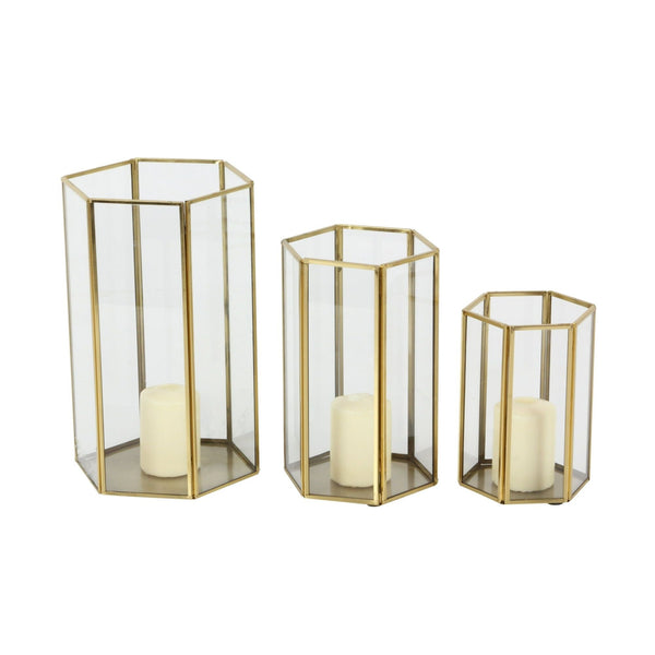 Cosmoliving by Cosmopolitan Set of 3, 6", 8", 10"H Modern Glass Candle Holder/Lantern with Hexagon Silhouette, Metallic Gold Rims and Transparent Glass Panels EasyOptionXY LLC
