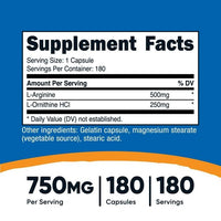 Nutricost L-Arginine L-Ornithine 750mg, 180 Capsules, Supplement EasyOptionXY LLC