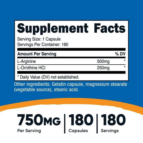 Nutricost L-Arginine L-Ornithine 750mg, 180 Capsules, Supplement EasyOptionXY LLC