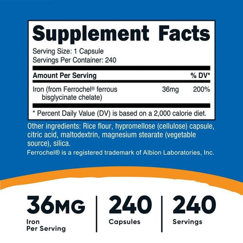 Nutricost Chelated Iron Supplement, As Ferrochel, 36mg, 240 Capsules EasyOptionXY LLC