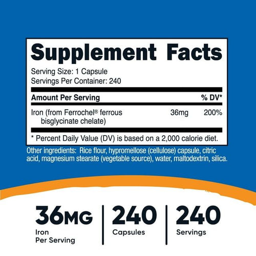 Nutricost Chelated Iron Supplement, As Ferrochel, 36mg, 240 Capsules EasyOptionXY LLC