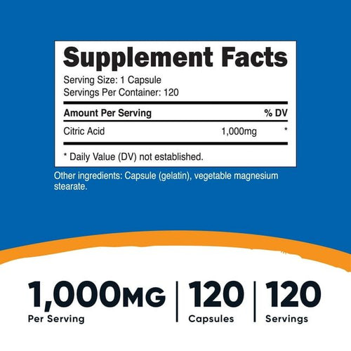 Nutricost Citric Acid 1000mg (1 Gram), 120 Capsules - Gluten Free, Non-GMO Supplement EasyOptionXY LLC