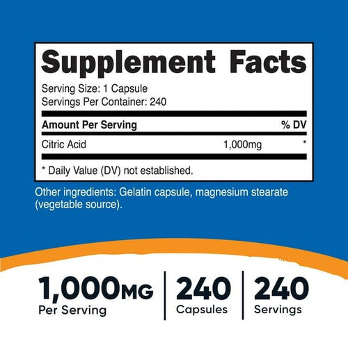 Nutricost Citric Acid 1000mg (1 Gram), 240 Capsules - Gluten Free, Non-GMO Supplement EasyOptionXY LLC