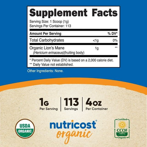 Nutricost Organic Lion's Mane Mushroom Powder (4oz) - Certified USDA Organic Supplement EasyOptionXY LLC