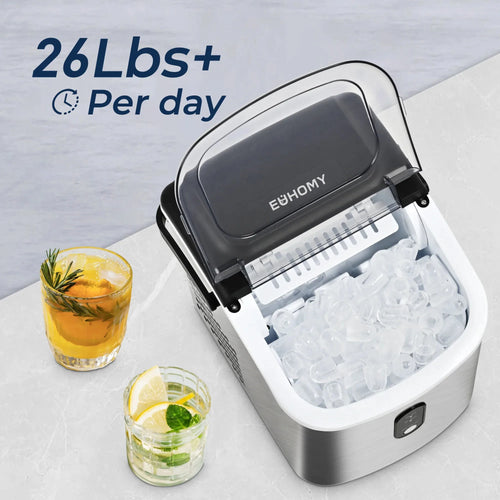 Euhomy Countertop Ice Maker Machine with Handle, 26 lbs/24H, 9 Cubes in 6 Mins, Auto-Cleaning Portable Ice Maker,Silver