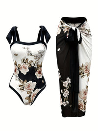 Elegant Floral Print Swimsuit Set: Tie Straps, Matching Sarong Included, Showcasing Romantic Beach Vibes