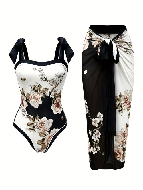 Elegant Floral Print Swimsuit Set: Tie Straps, Matching Sarong Included, Showcasing Romantic Beach Vibes