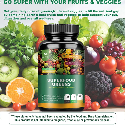 Organic Superfood Greens Supplement - Digestive Support, Energy Boost, Antioxidant - 120 Capsules