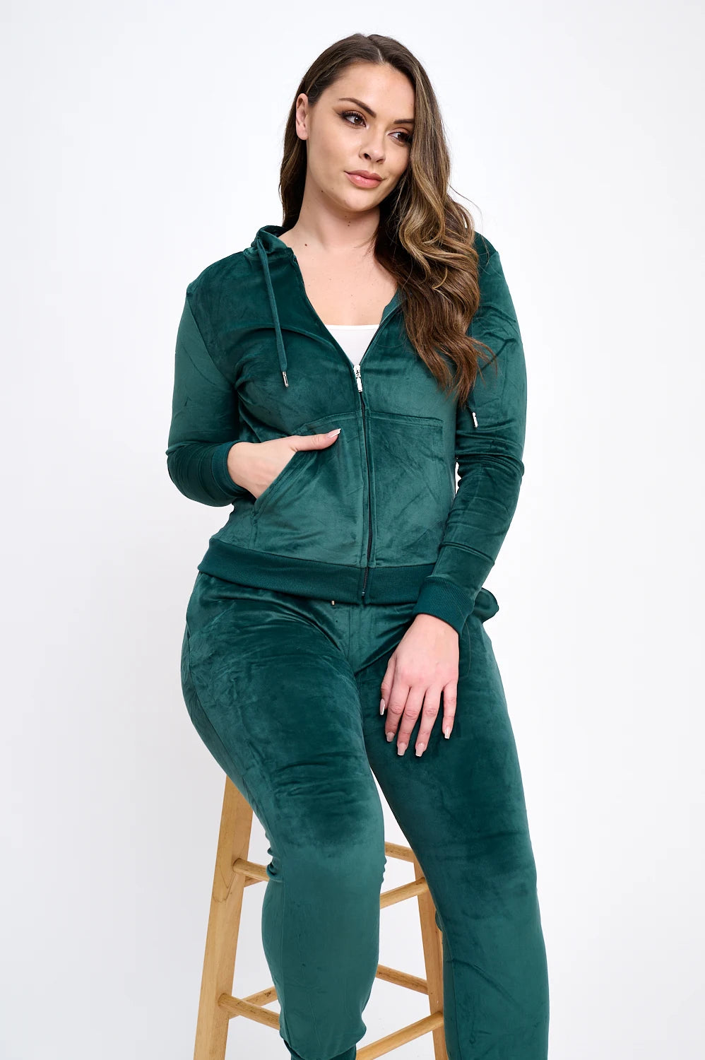 2-Piece Women's Velour Velvet Super Stretch Solid Bundle Set Zip Up Long Sleeve Hoodie Tracksuit with Pockets & Pants