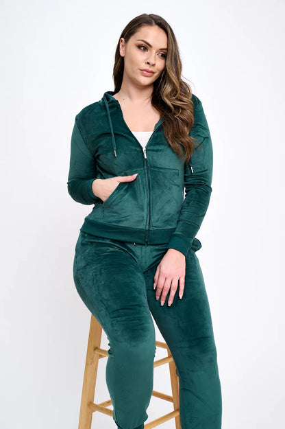 2-Piece Women's Velour Velvet Super Stretch Solid Bundle Set Zip Up Long Sleeve Hoodie Tracksuit with Pockets & Pants