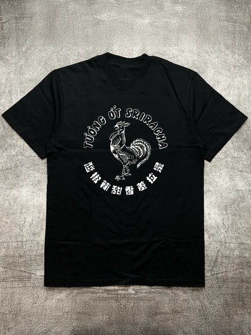 Men's Black Crew - Neck Short - Sleeve Cotton T - Shirt (200g) with Sriracha Theme Heat - Transfer Print