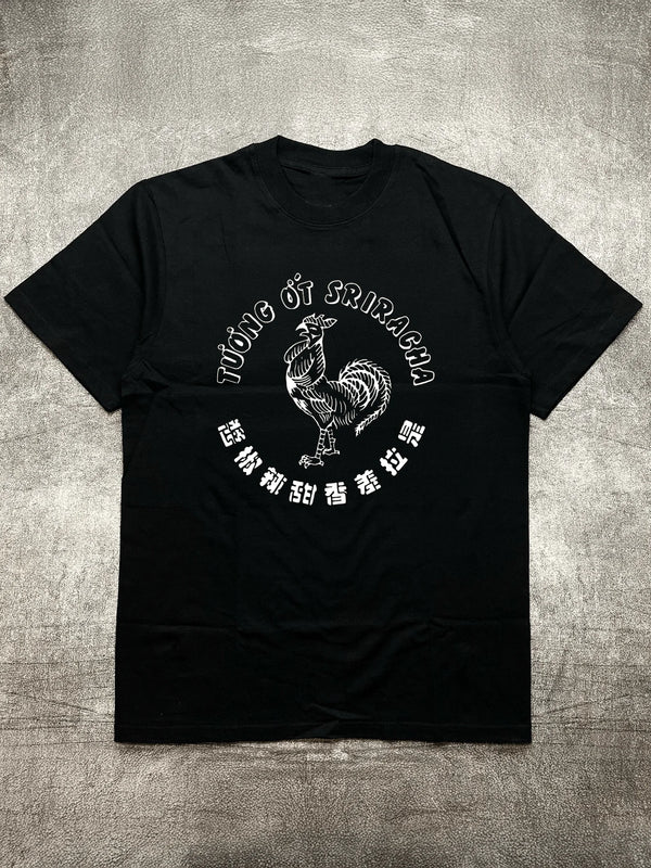 Men's Black Crew - Neck Short - Sleeve Cotton T - Shirt (200g) with Sriracha Theme Heat - Transfer Print